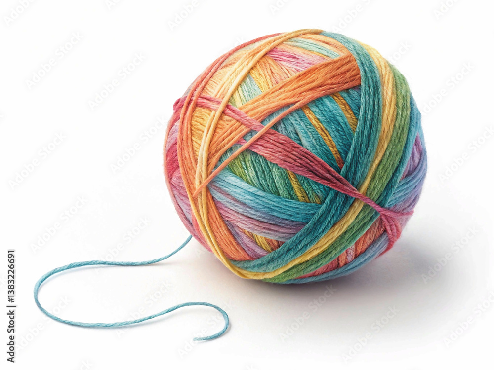 Multicolor yarn ball with soft textures and fine thread details, isolated on a white background, cozy and realistic feel Multicolor yarn ball with soft textures and fine thread details, isolated on a white background, cozy and realistic feel