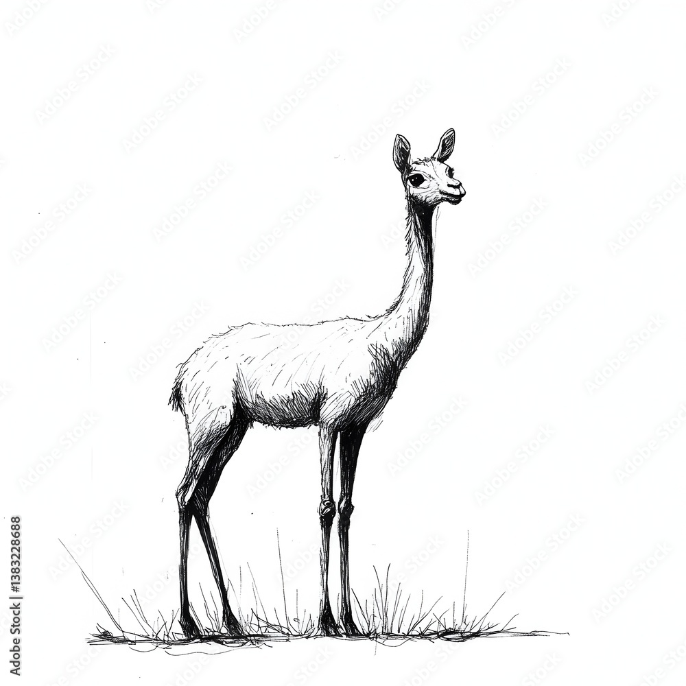 Fototapeta premium A detailed ink drawing depicts a vicu?a standing gracefully in a patch of tall grass against a stark white background.