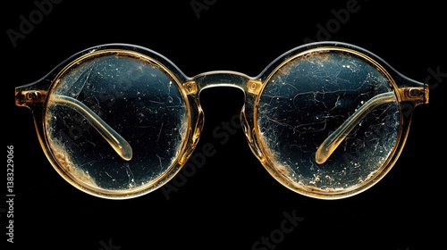Vintage round glasses with dust and scratches on a black background