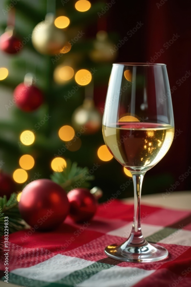 White wine glass rests on festive table, Christmas tree backdrop , decoration, background White wine glass rests on festive table, Christmas tree backdrop , decoration, background