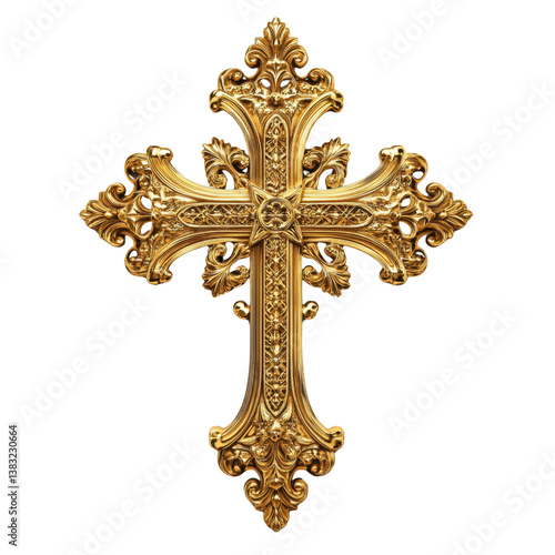 Ornate golden cross isolated on transparent background