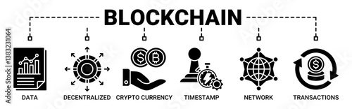 Blockchain banner web icon illustration concept with icons solid black color symbol background.