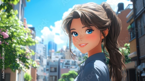 Anime-style professional woman in office suit smiling over shoulder with long brown ponytail and bright blue eyes, standing against sunlit urban skyline backdrop of towering city buildings
