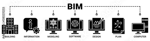 BIM banner web icon vector illustration concept for building information modeling with icons solid black color symbol background.