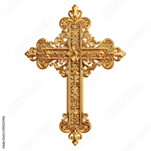 Ornate golden cross isolated on transparent background