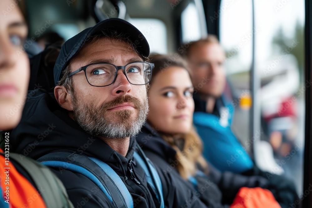 A group of travelers sitting together on a bus, capturing moments of anticipation and camaraderie as they embark on their adventure into the unknown scenery ahead. A group of travelers sitting together on a bus, capturing moments of anticipation and camaraderie as they embark on their adventure into the unknown scenery ahead.