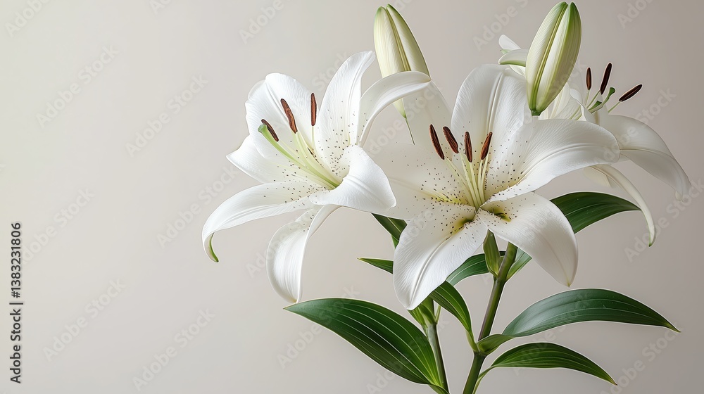 Fototapeta premium Elegant white lilies with fresh green leaves on soft background