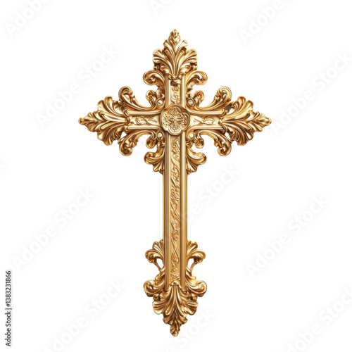 Ornate golden cross isolated on transparent background