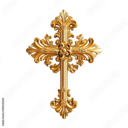 Ornate golden cross isolated on transparent background