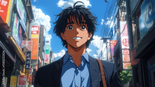 Stylish young businessman in navy suit and blue shirt holding briefcase with a faint smile against clear sky with colorful billboards decorating buildings highlighting his tall figure
