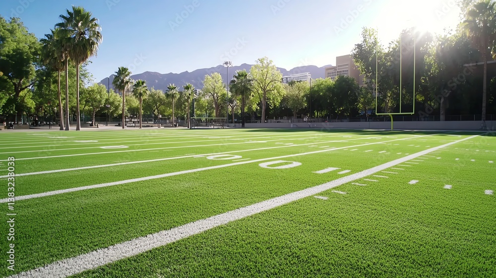 Football field, artificial turf with even stripes, in a dome stadium, with players warming up, harsh noon sun Football field, artificial turf with even stripes, in a dome stadium, with players warming up, harsh noon sun