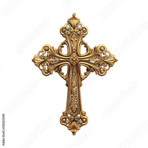 Ornate golden cross isolated on transparent background