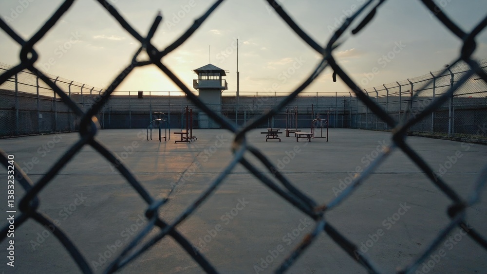 A walled compound with a tower visible in the distance, providing security and surveillance A walled compound with a tower visible in the distance, providing security and surveillance