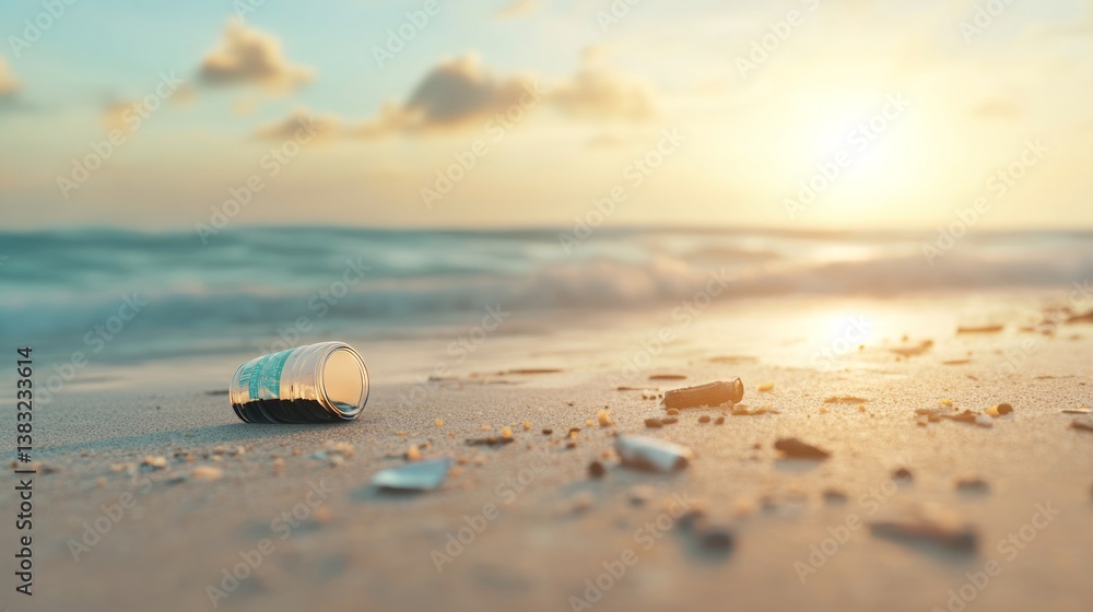 Plastic trash on sandy beach at sunset
Plastic trash on sandy beach at sunset