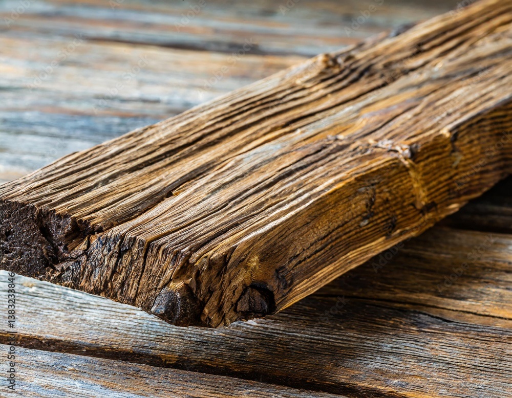 Fototapeta premium Rustic Wooden Plank Hovering Freely with Natural Grain and Weathered Knotty Details
