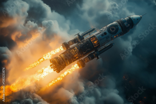 Wallpaper Mural Spaceship blasting through clouds with fiery engines. Adventure to the unknown awaits. Imagination takes flight with sci-fi technology! Torontodigital.ca