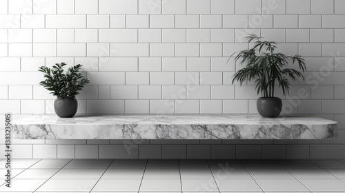 Minimalist marble table and white tile wall background with plenty of copy space, perfect for luxury goods display, cosmetics presentation and beauty industry visual concept in banner design
