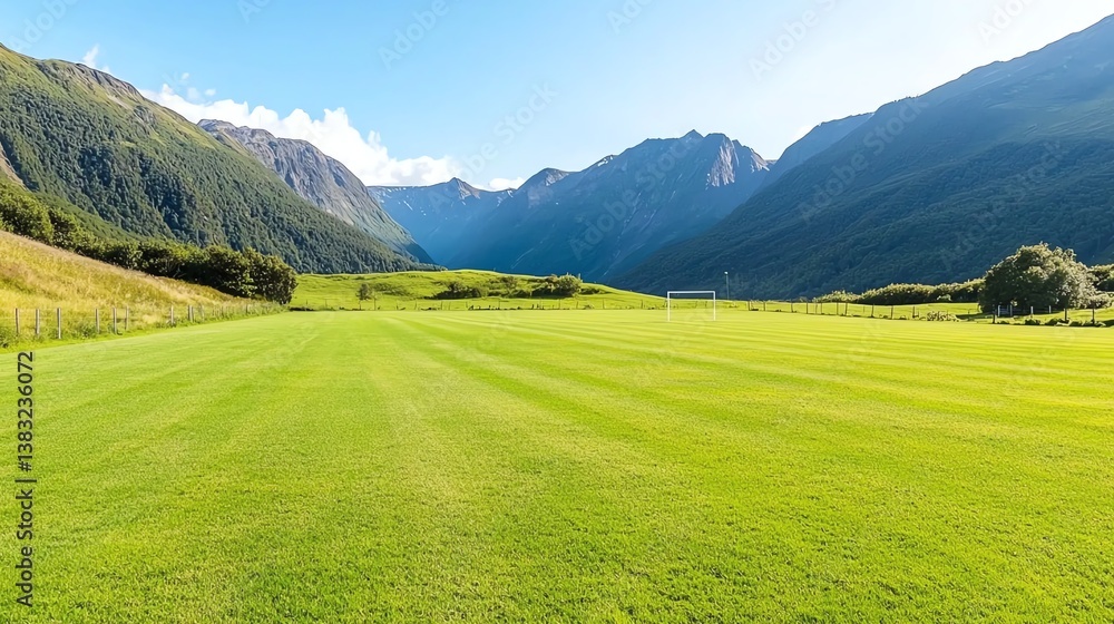 Obraz premium Football field, perfectly manicured pitch, at a mountain-side pitch, with goalpost in view, early morning mist