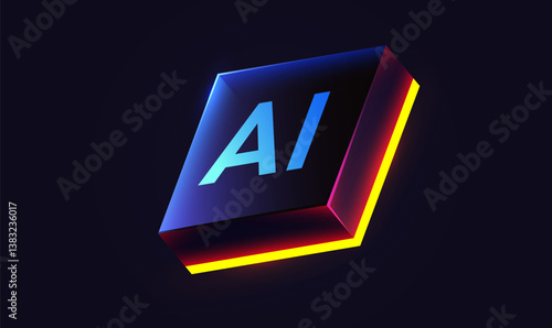 Brightly glowing glass AI chip. Technology concept. CPU processor. Glass computer microchip.