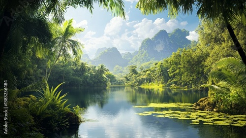 Serene Tropical Paradise: Lush Jungle River and Mountain Vista