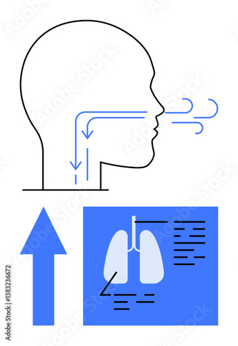Airflow diagram inside human head showing breathing direction. Features lungs and research data panel. Ideal for biology, anatomy, health, education, wellness, research science. Flat simple metaphor
