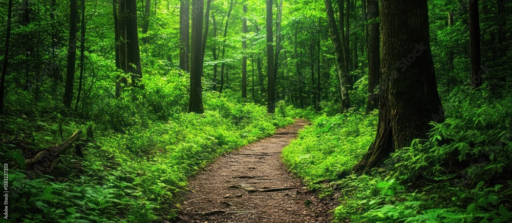 Fototapeta premium A scenic path through a verdant forest with many tall trees