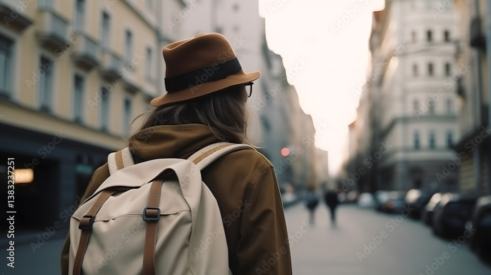 A Traveler With A Backpack In A Bright City A Traveler With A Backpack In A Bright City