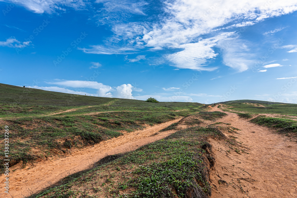 Trail along the coast and beaches from Jericoacoara to Pedra Furada in Ceara State, Brazil.