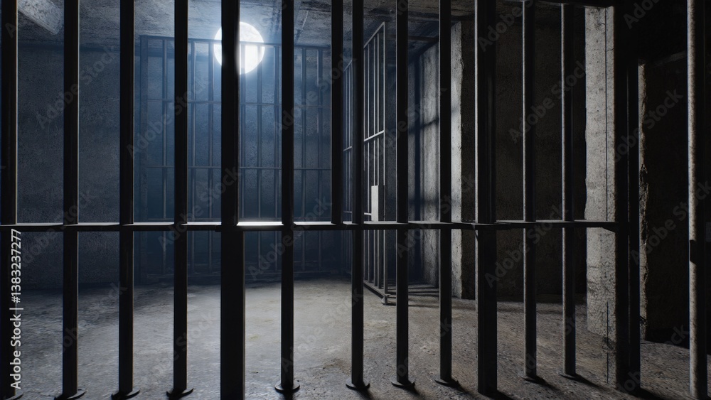 A jail cell with bars in a dark room