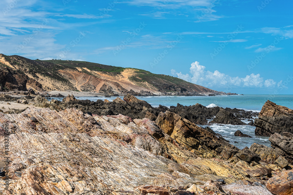 Trail along the coast and beaches from Jericoacoara to Pedra Furada in Ceara State, Brazil.