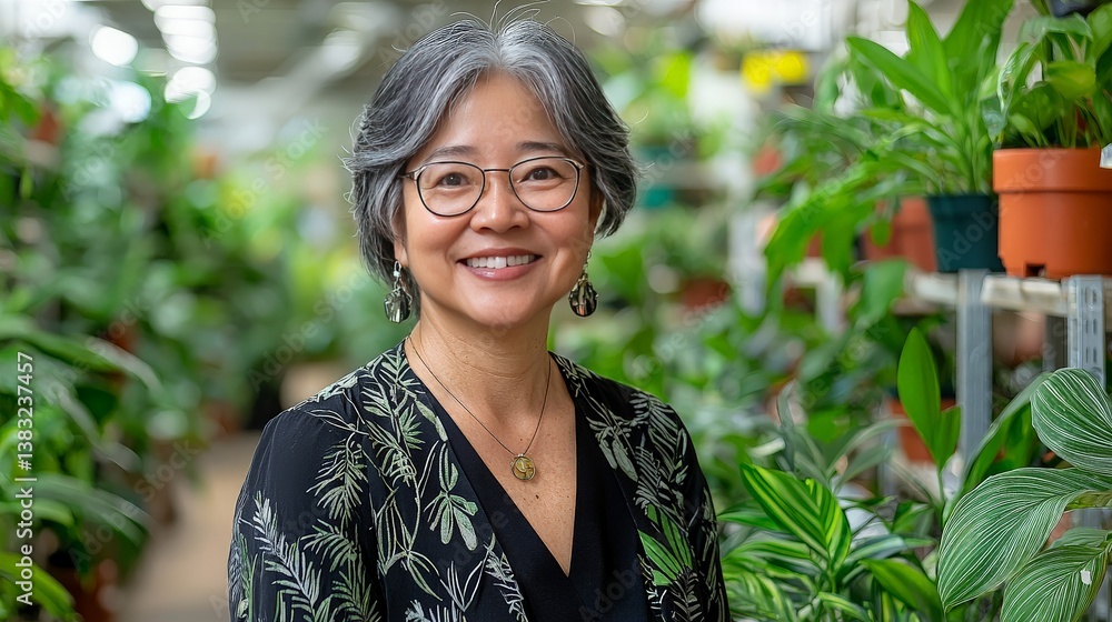 Woman smiles in plant nursery Woman smiles in plant nursery