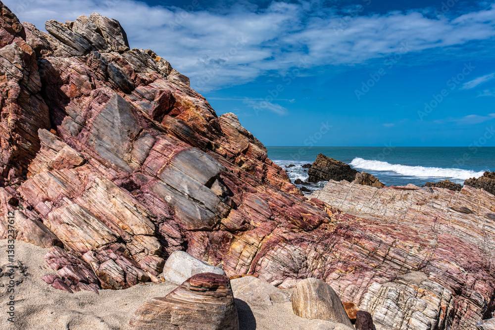 Trail along the coast and beaches from Jericoacoara to Pedra Furada in Ceara State, Brazil.
