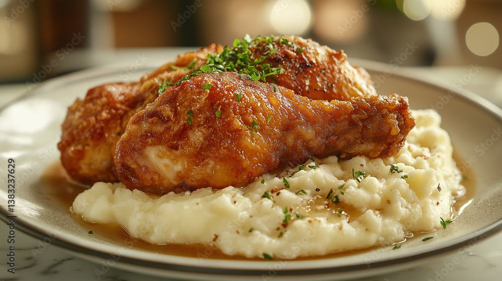 Golden fried chicken pieces nestled on creamy mashed potatoes, garnished with fresh herbs and a savory sauce. Golden fried chicken pieces nestled on creamy mashed potatoes, garnished with fresh herbs and a savory sauce.