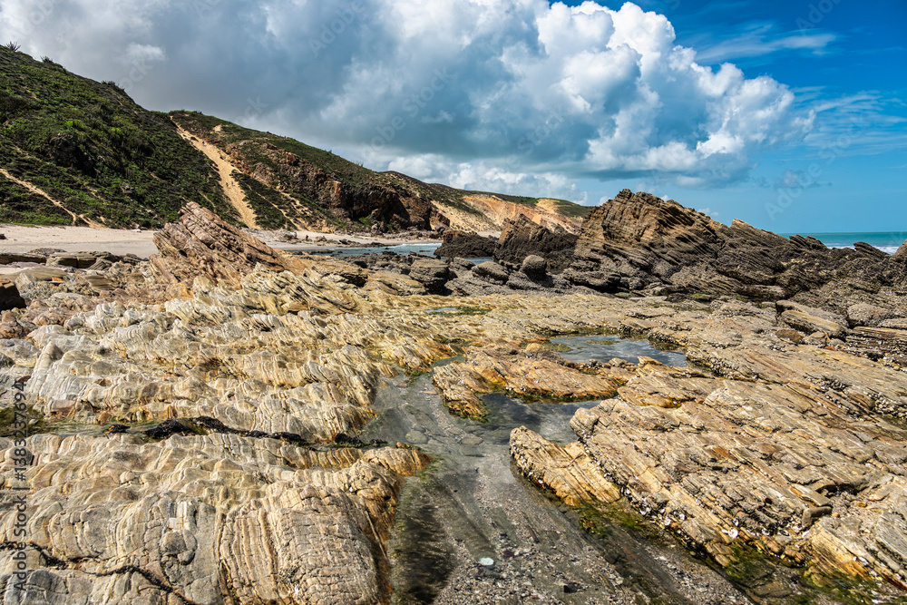 Trail along the coast and beaches from Jericoacoara to Pedra Furada in Ceara State, Brazil.