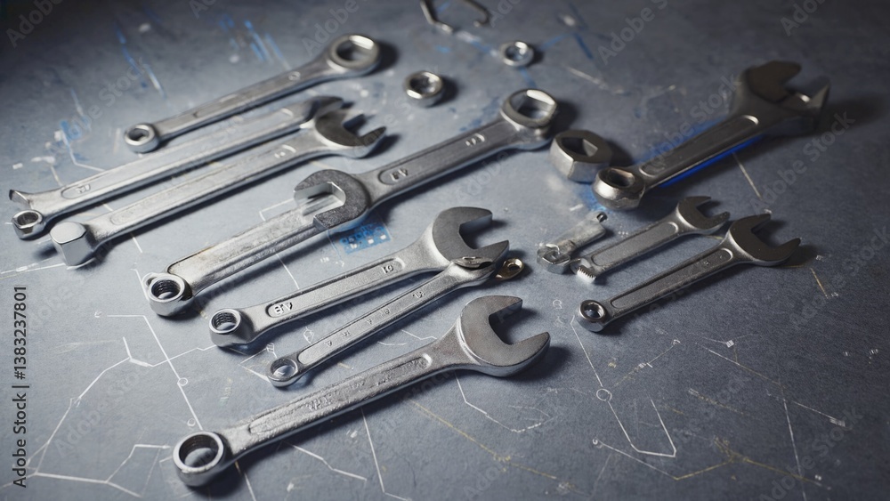 A collection of wrenches arranged neatly on a table surface, ideal for use as a prop or background element in various photography projects