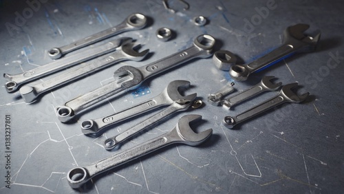 Obraz na płótnie A collection of wrenches arranged neatly on a table surface, ideal for use as a prop or background element in various photography projects w salonie
