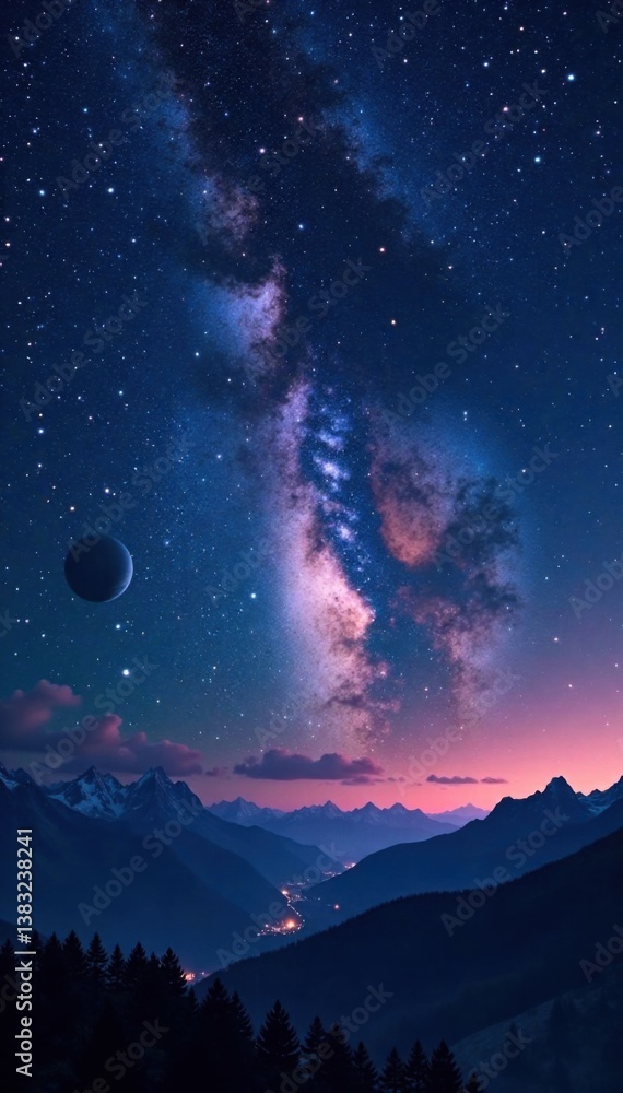 Naklejka premium Dark Milky Way galaxy background with bright stars and planets , dark, galaxies