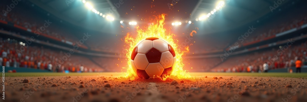Fototapeta premium Soccer Ball Engulfed in Flames at Stadium