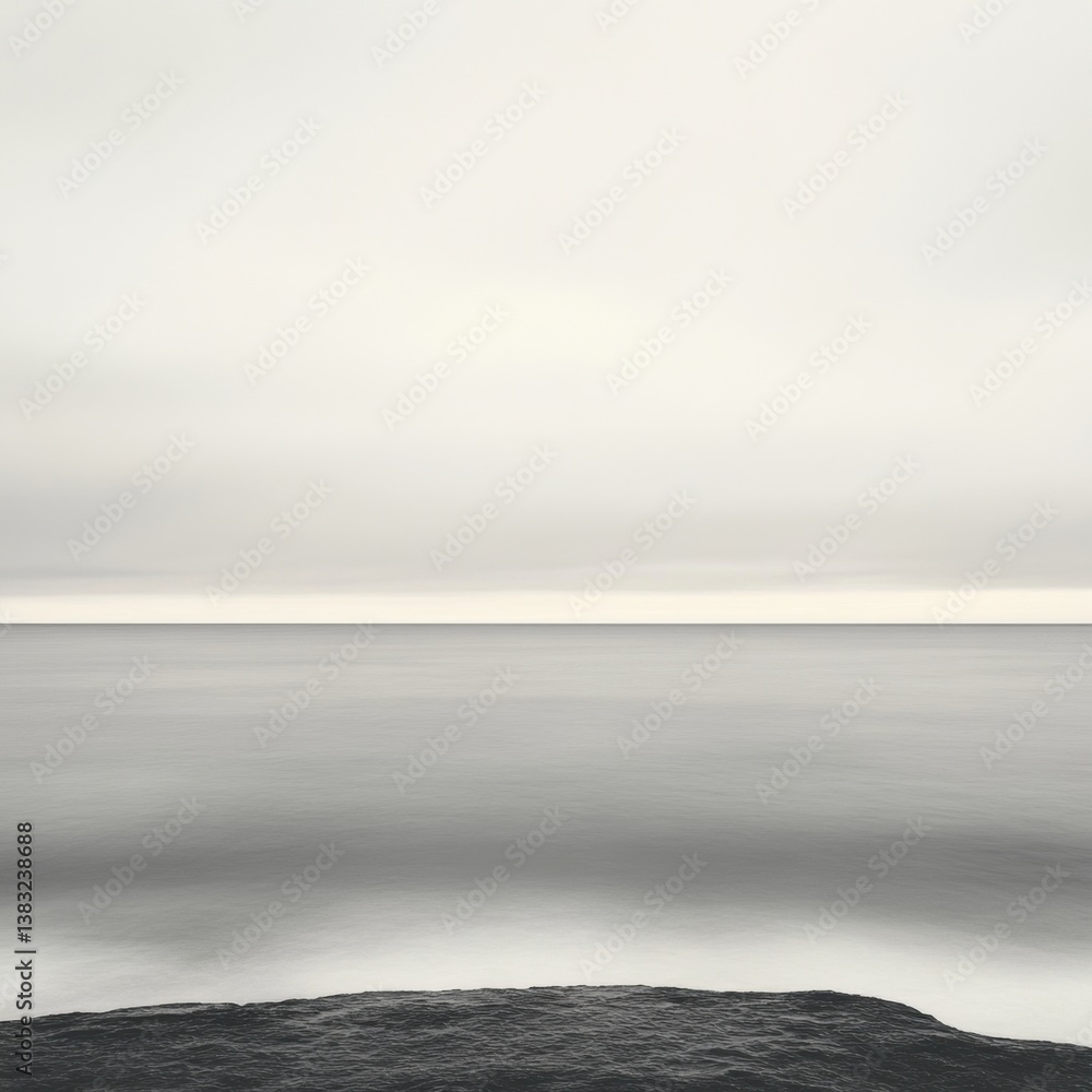 Fototapeta premium Serene seascape with smooth water under a cloudy sky creating a peaceful and minimalist atmosphere with a dark rock formation in foreground