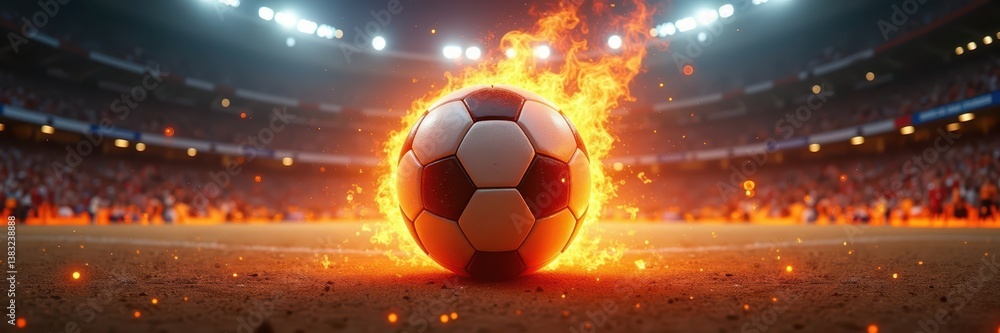 Fototapeta premium Fiery Soccer Ball on the Field, Stadium Setting