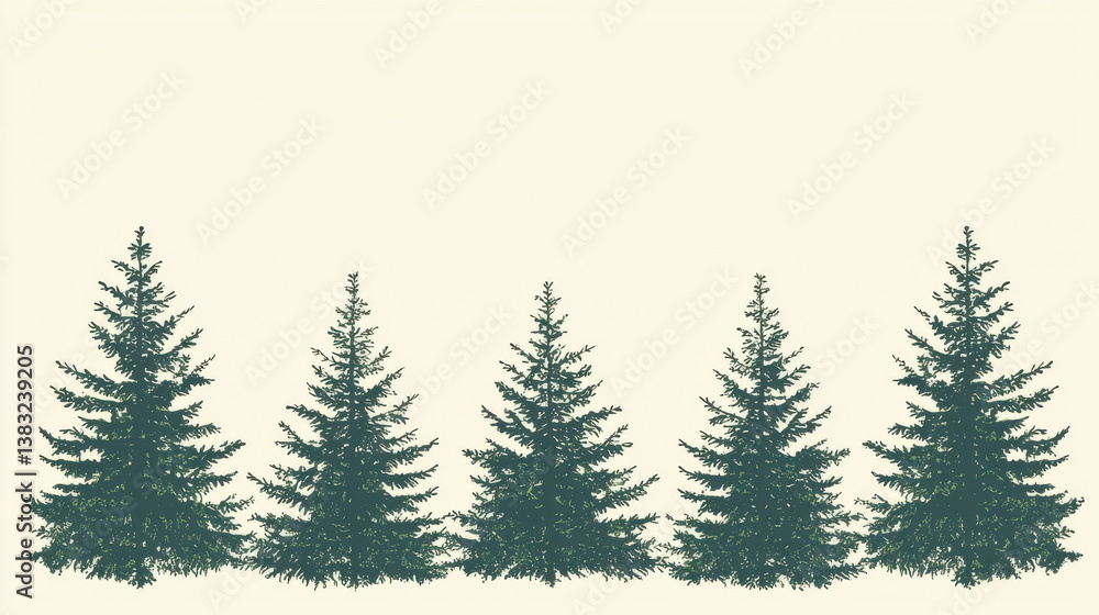 Obraz premium Silhouettes of evergreen trees on beige background, Blank background illustration with copy space for text or branding, empty area, Perfect negative space for content placement.
