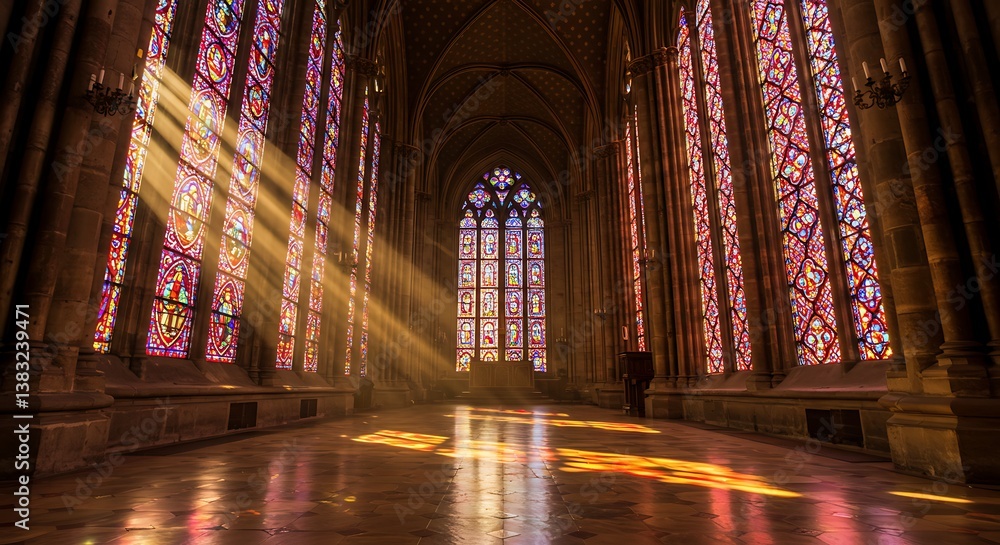 Obraz premium Christian church stained glass window, highlighting the intricate details and the beautiful reflection of light on the church stone floor 