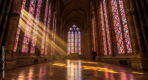 Christian church stained glass window, highlighting the intricate details and the beautiful reflection of light on the church stone floor
