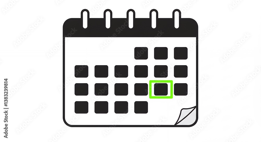 Calendar icon marking a specific day with a green square for reminders and schedules, illustrating planning and appointment management for business and personal events Calendar icon marking a specific day with a green square for reminders and schedules, illustrating planning and appointment management for business and personal events