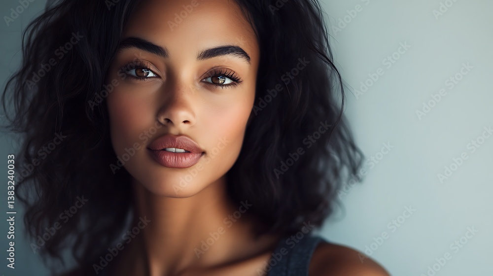 Naklejka premium Close up portrait of a beautiful young woman with dark hair and eyes.