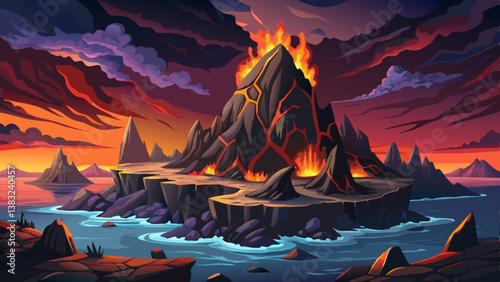 volcanic rocky island with jagged black cliffs, crashing waves and eerie moonlight, volcanic landscape