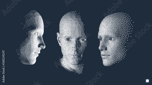 Three human faces built from particles. Conceptualisation of technology and robotics. Anonymous social disguise. Visual contact. Opponents facing each other. Digital human head. The concept of AI.