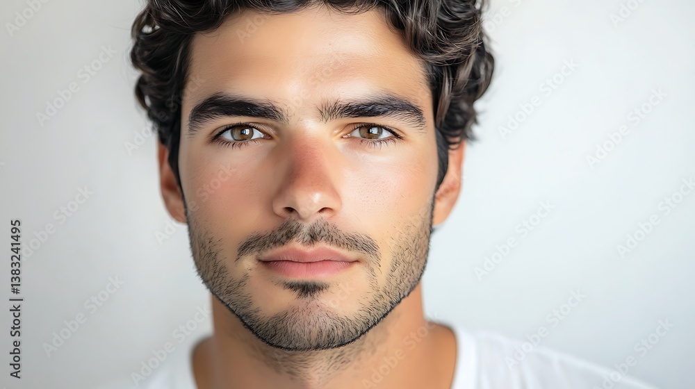 Close up portrait of a handsome man with dark curly hair and brown eyes. Close up portrait of a handsome man with dark curly hair and brown eyes.
