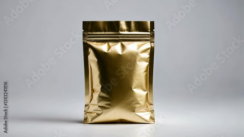 Gold foil empty paper sachet bag positioned on a white background.