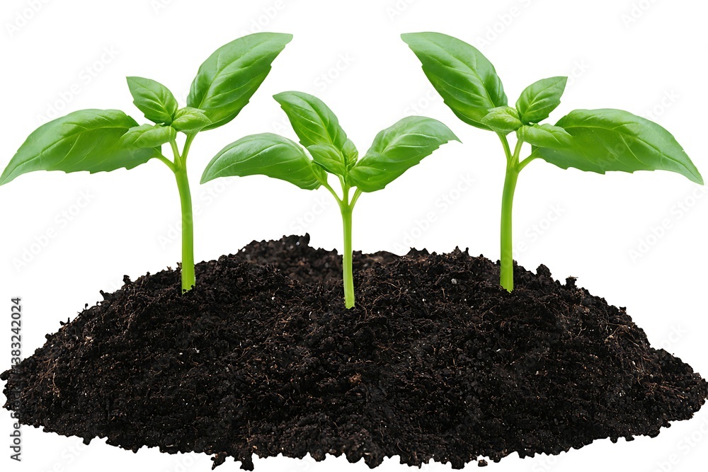Three Basil Seedlings in Soil. Three Basil Seedlings in Soil.